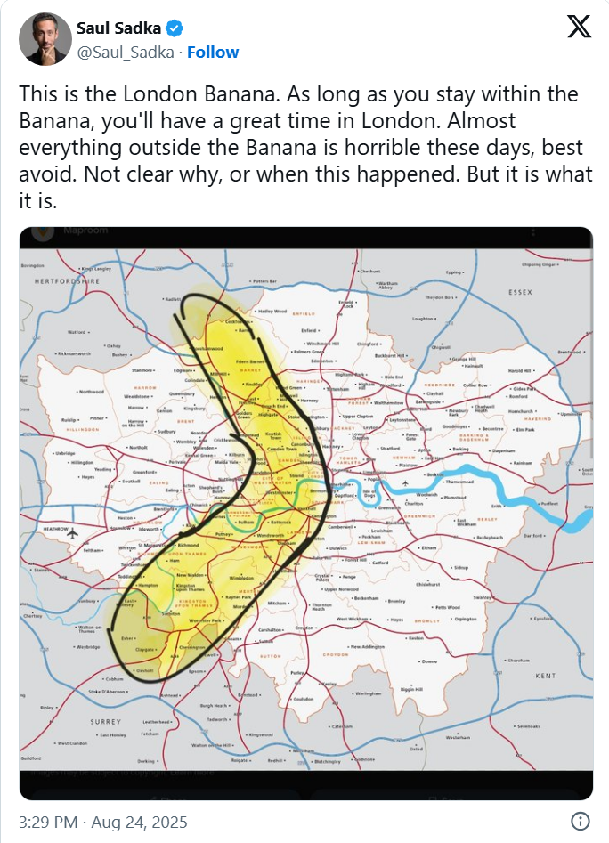 The original London Banana tweet by Saul Sadka, showing a banana-shaped area drawn over a map of London